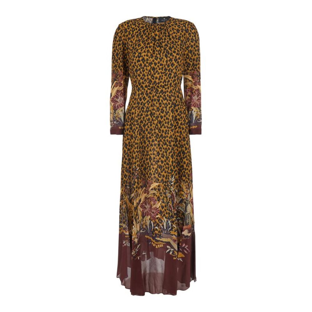 Etro Women Brown Long Dress With All-Over Animalier Motif In Tech Fabric Women